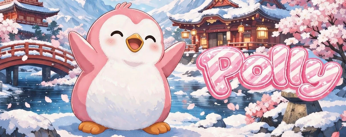 Polly the Penguin standing in a snowy Japanese landscape with traditional pagodas, a wooden bridge, and cherry blossoms in bloom.