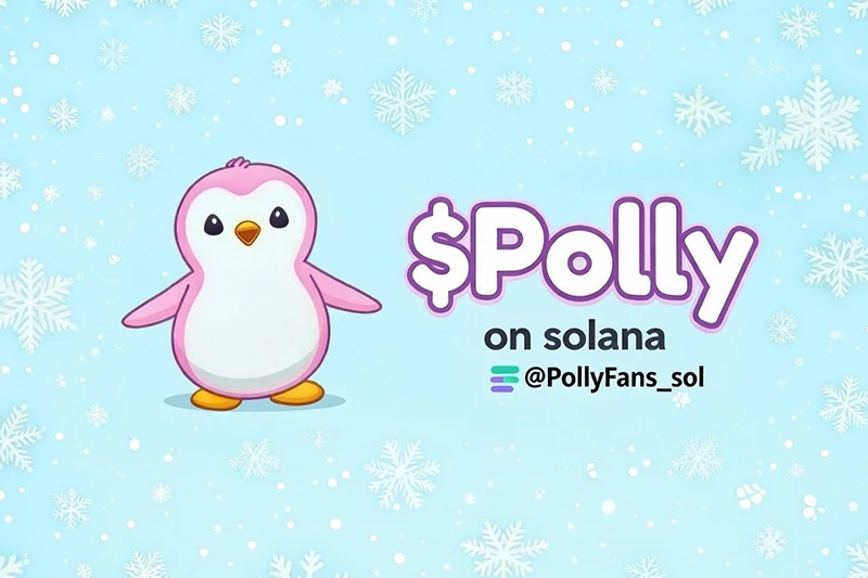The pink penguin mascot, Polly, standing next to the $Polly on Solana ticker, on a blue snowflake background.