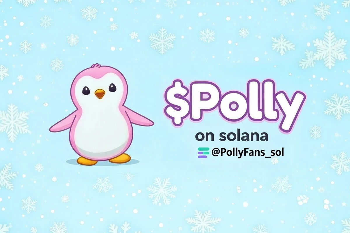 The pink penguin mascot, Polly, standing next to the $Polly on Solana ticker, on a blue snowflake background.