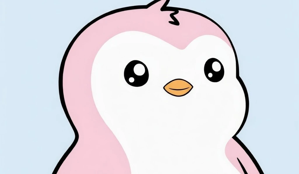 A cute, minimalist cartoon illustration of a pink and white penguin character with large, sparkling black eyes and a small orange beak.