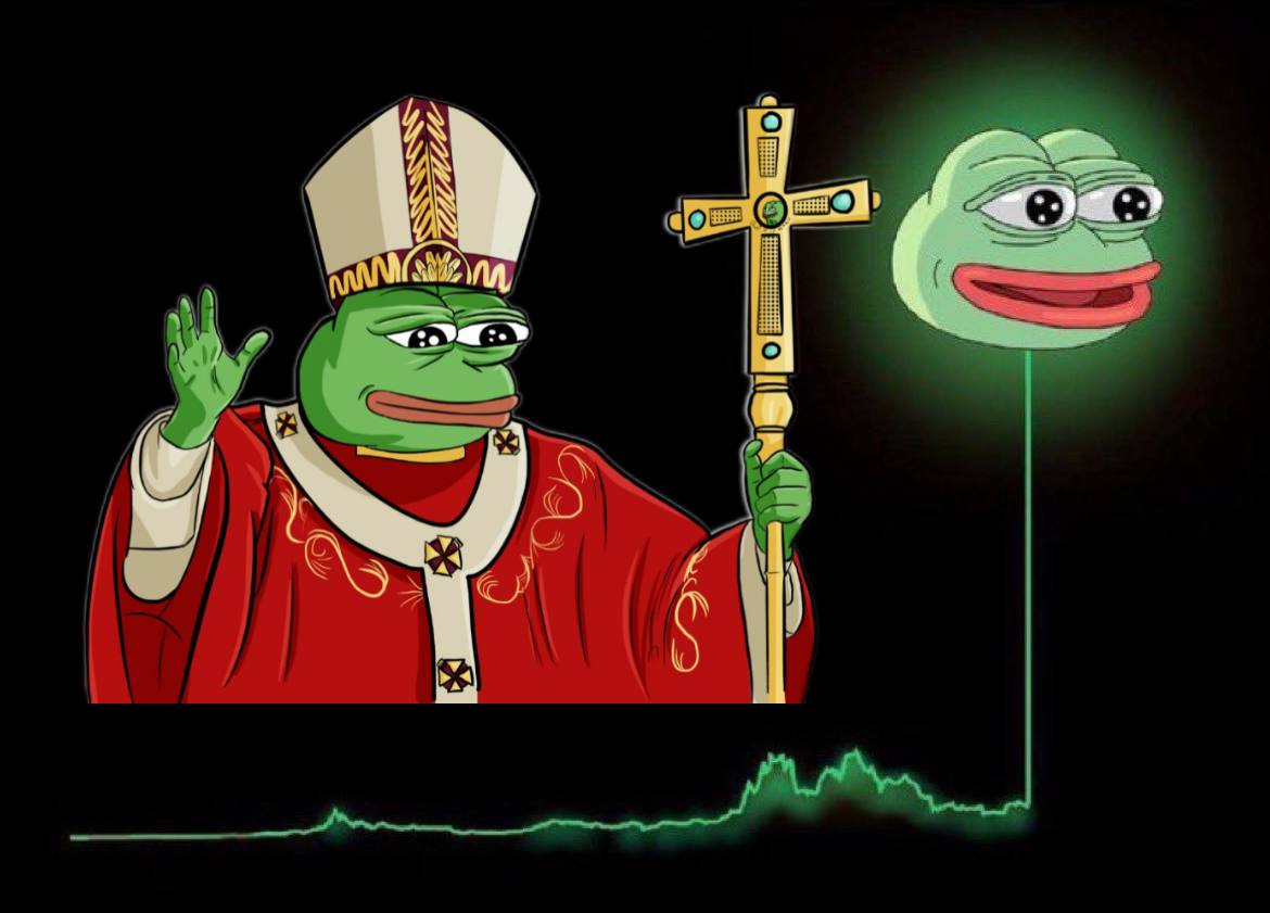 Pepe the Frog dressed as a Pope holding a golden staff, blessing a glowing $PEPE price chart that is shooting upward