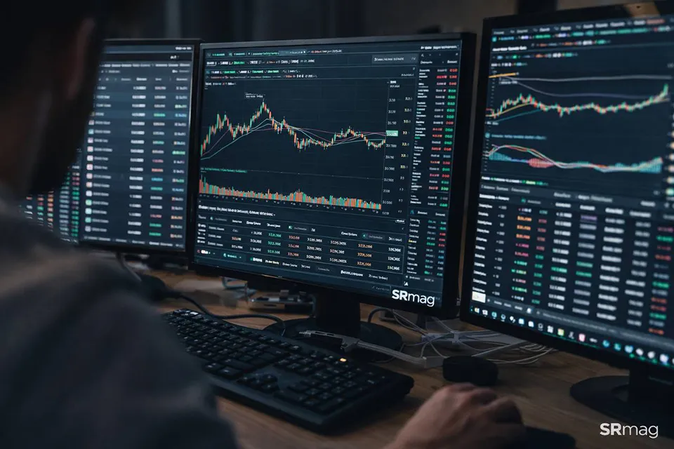 A central glowing dollar sign icon within a complex hexagonal circuit board, connected to surrounding currency nodes by neon purple and blue light trails
