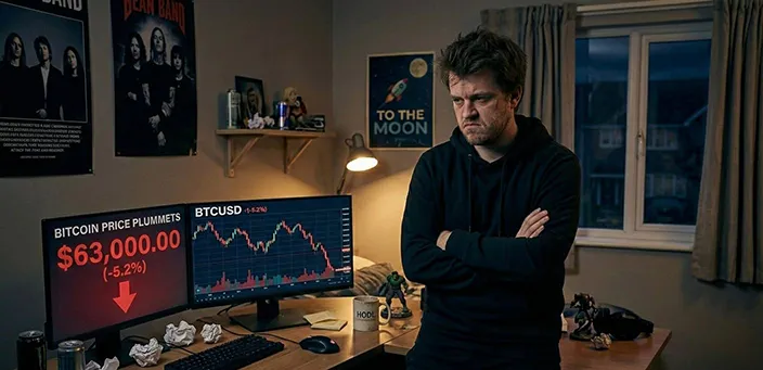 A focused man with messy hair in a dark hoodie standing in a dimly lit home office, arms crossed, staring intensely at a dual-monitor setup showing a Bitcoin crash