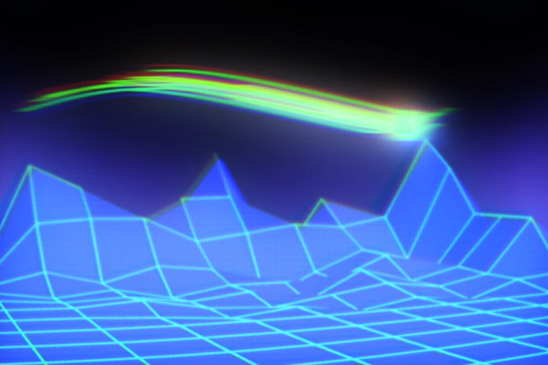 A glowing blue digital 3D wireframe grid representing a mountainous landscape under a dark sky with a streaking neon green and yellow comet.