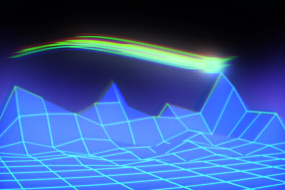 A glowing blue digital 3D wireframe grid representing a mountainous landscape under a dark sky with a streaking neon green and yellow comet.