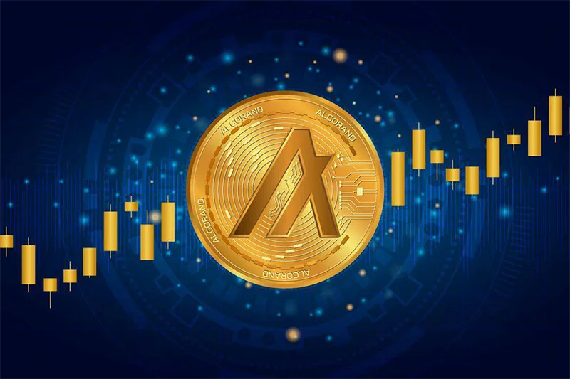 Algorand cryptocurrency coin with ascending candlestick chart.