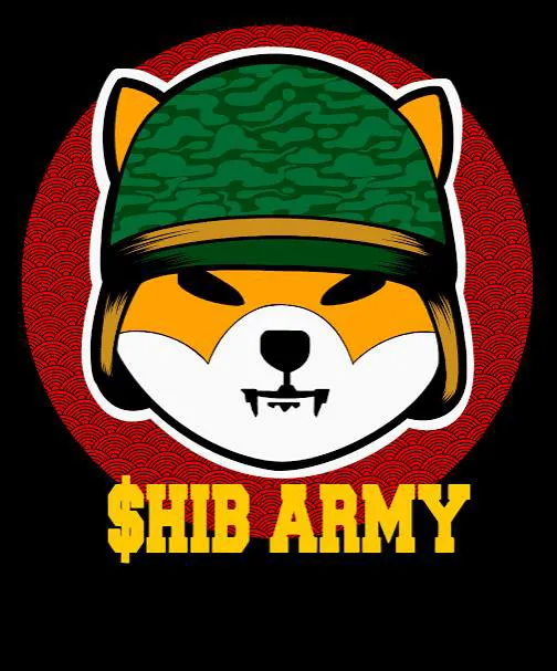 A stylized vector illustration of a Shiba Inu dog wearing a green camouflage military helmet. The dog's face is centered against a red circular background. "SHIB ARMY" is displayed in bold yellow lettering on a black background.