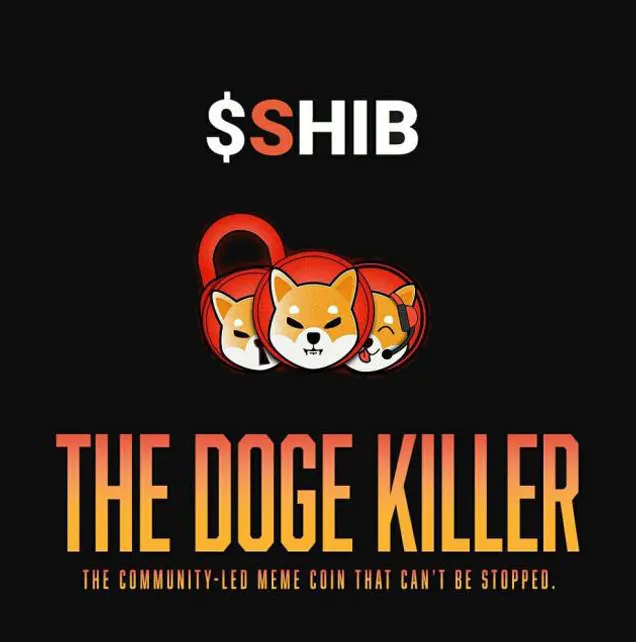 A black background featuring the text "$SHIB" at the top. In the center, three stylized Shiba Inu dog heads. Below, the large orange-to-yellow gradient text "THE DOGE KILLER".