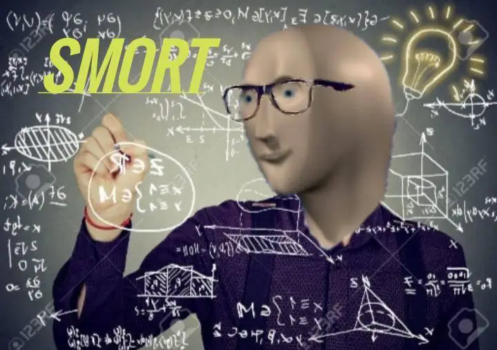 Internet meme featuring Meme Man wearing glasses and writing complex math formulas on a clear board with the text "SMORT".
