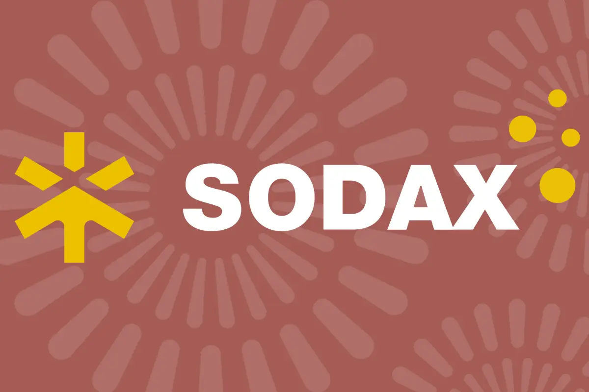 Minimalist brand graphic featuring the yellow SODAX emblem and white typography against a brown background with radial sunburst patterns.