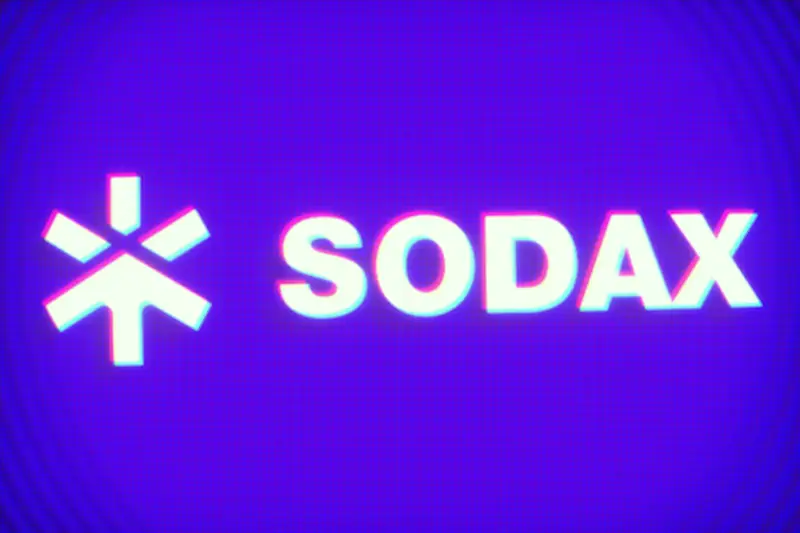 Neon purple banner with a glitch effect displaying the white SODAX logo.