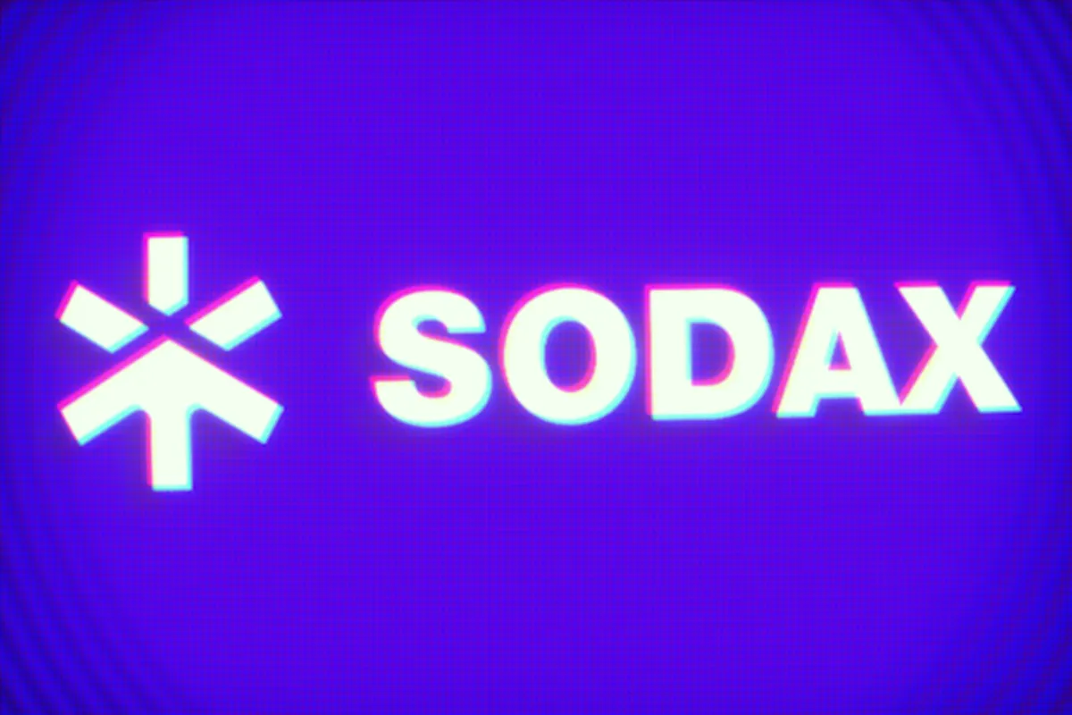 Neon purple banner with a glitch effect displaying the white SODAX logo.