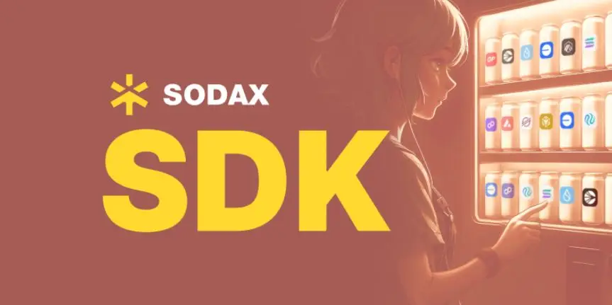 Illustration featuring an anime character selecting ecosystem drinks from a vending machine, accompanied by the text SODAX SDK, and the SODAX logo.