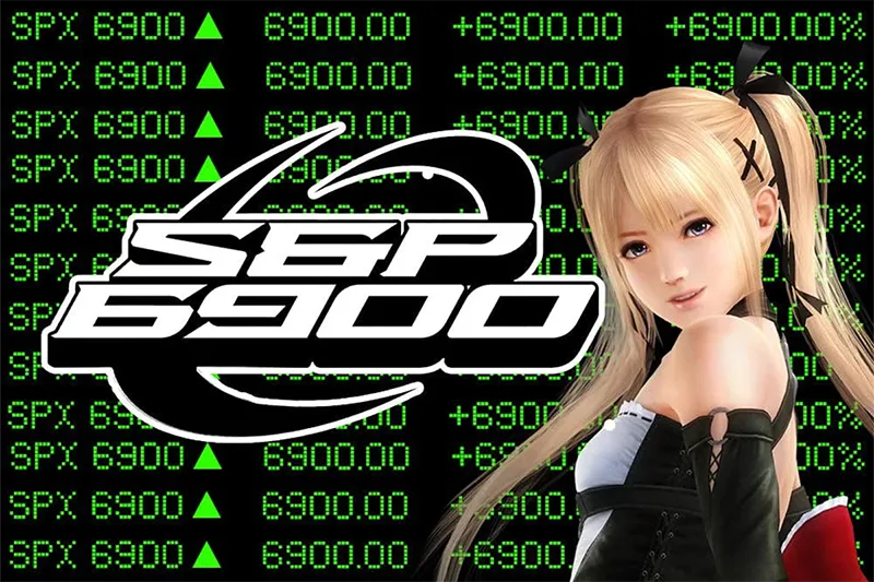 Marie Rose from Dead or Alive in front of the SPX6900 logo and a green digital stock market ticker.