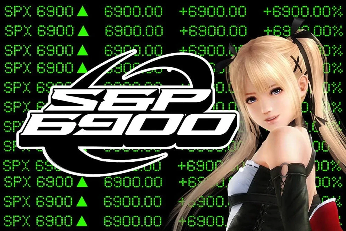 Marie Rose from Dead or Alive in front of the SPX6900 logo and a green digital stock market ticker