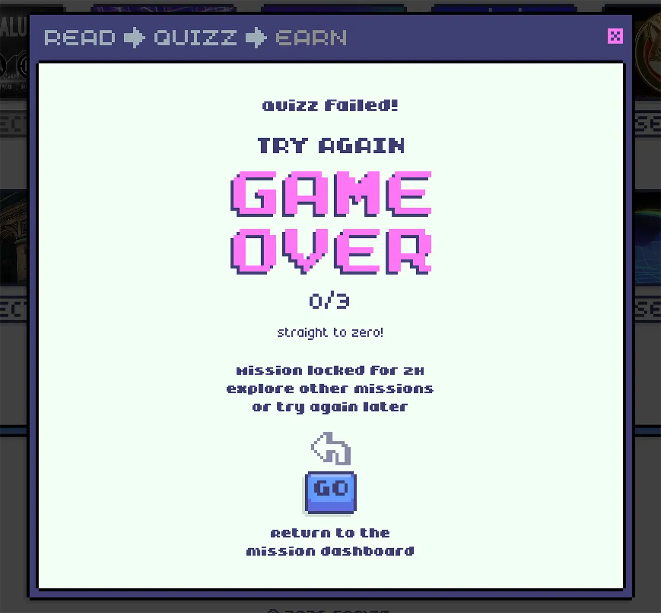 Pixel art pop-up screen in the SRmag dApp displaying a failed quiz result with a "GAME OVER" message and a two-hour mission cooldown notice.