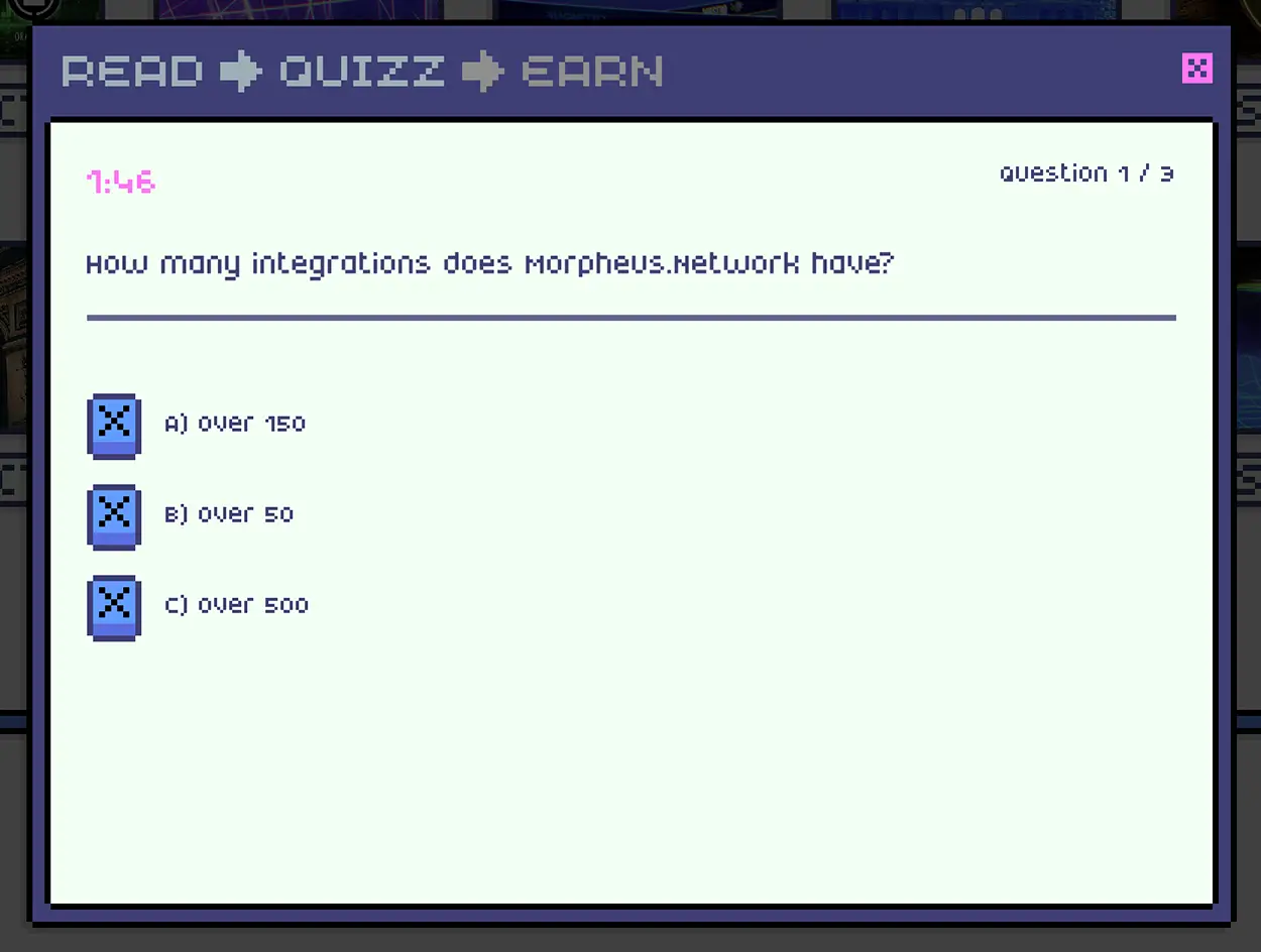 Pixel art interface of the SRmag quiz module displaying a multiple-choice question about Morpheus Network integrations with a countdown timer.