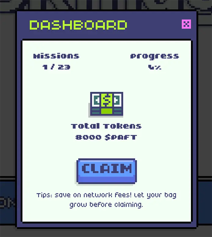 Pixel art pop-up window showing the SRmag dashboard with mission progress, total earned tokens, and a claim button.