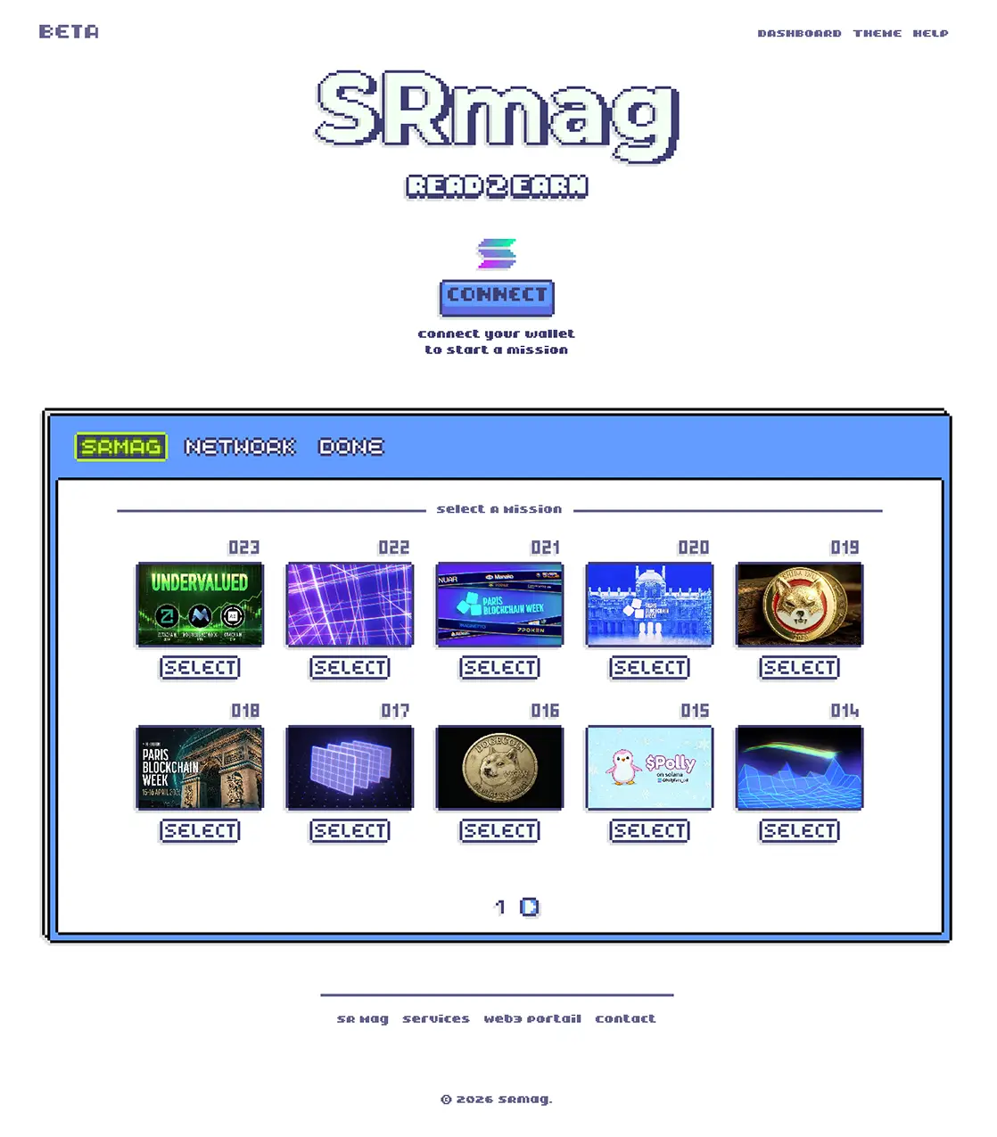 Screenshot of the SRmag Read 2 Earn dApp beta interface displaying a wallet connection prompt and a pixelated grid of available reader missions.