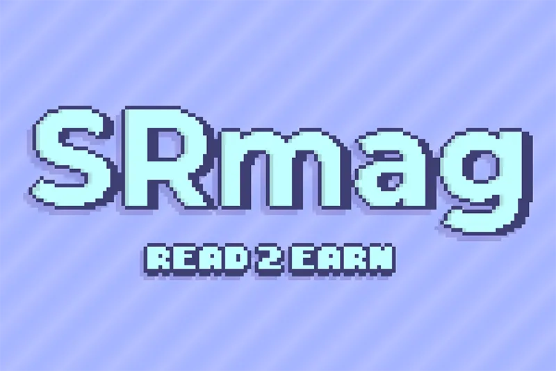 Pixel art graphic featuring the SRmag logo and the subtitle READ 2 EARN against a light blue patterned background.