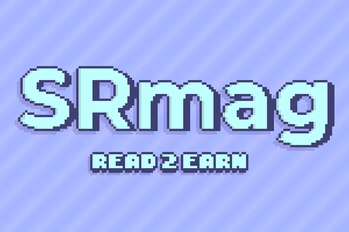 Pixel art graphic featuring the SRmag logo and the subtitle READ 2 EARN against a light blue patterned background.