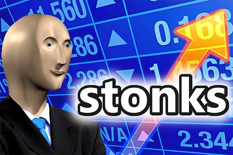 Internet meme featuring Meme Man in a business suit in front of a blue stock market board with an orange upward arrow and the text "stonks".