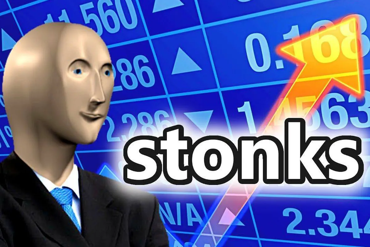 Internet meme featuring Meme Man in a business suit in front of a blue stock market board with an orange upward arrow and the text "stonks".