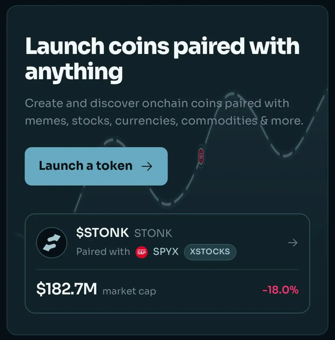 Screenshot of a Web3 token launching interface showcasing the $STONK token paired with SPYX and XSTOCKS,