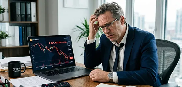 A stressed trader in a suit sitting at a desk, holding his head while looking at a laptop screen showing a significant Bitcoin price drop.