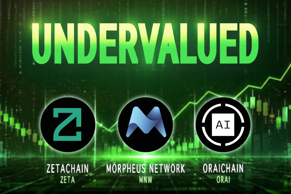 Graphic header featuring the word "UNDERVALUED" above the project logos and ticker symbols for ZetaChain (ZETA), Morpheus Network (MNW), and Oraichain (ORAI) against a green candlestick chart background.
