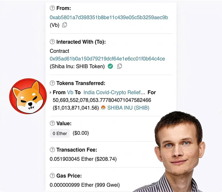 A blockchain transaction showing a transfer of over 50 trillion SHIB tokens, valued at approximately $1 billion, from a wallet marked "Vb" to the "India Covid-Crypto Relief Fund". A portrait of Ethereum co-founder Vitalik Buterin is featured in the bottom right corner.