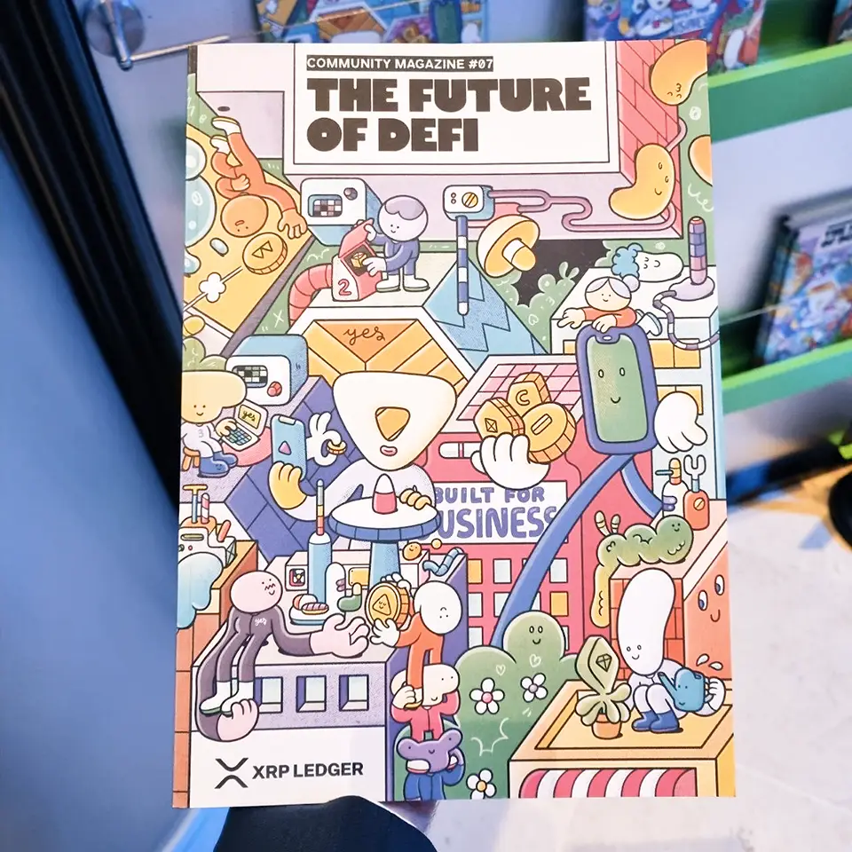 XRP Ledger Community Magazine cover titled "The Future of DeFi," featuring a playful digital illustration of blockchain technology and finance symbols.