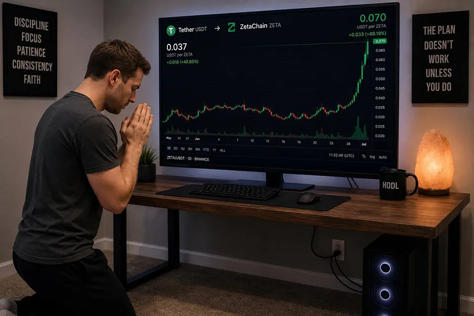 A trader kneeling with hands together in front of a monitor displaying a bullish ZetaChain (ZETA/USDT) crypto chart on Binance, showing an upward price spike.
